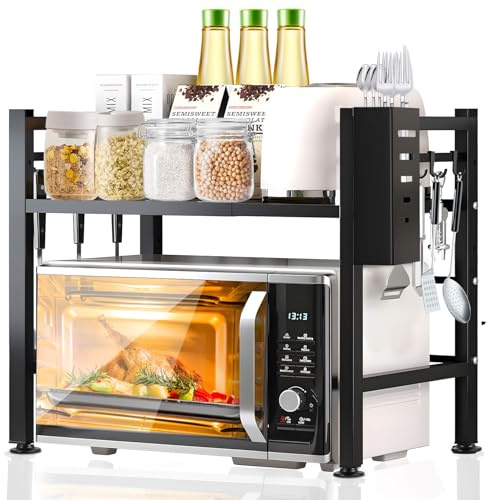 Purpledi Mensola Microonde Estensibile, Scaffale Salvaspazio Acciaio Carbonio Ripiano Contatore Cucina Organizzatore Ripiani, Regolabile Due Livelli Microonde Scaffale, Cucina con 6 Ganci (B)