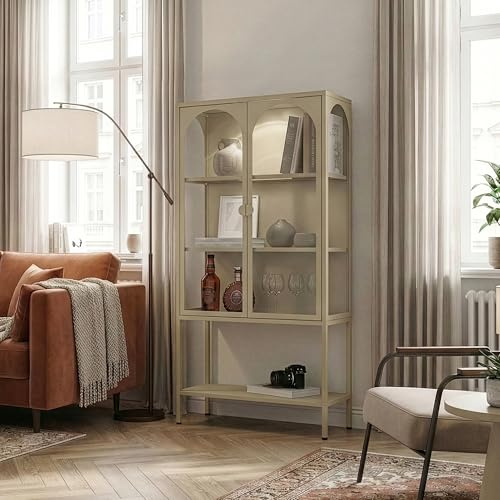 [en.casa] Vitrina Klippestad Aparador Alto 1 con Estante Inferior 2 Puertas de Cristal Transparente 3 Compartimentos Cerrados Mueble Auxiliar para Cocina Comedor Oficina Acero 160 x 80 x 35 cm - Camel