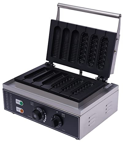 Hot Dog Maker,1500W Máquina eléctrica de maíz caliente de acero inoxidable, máquina de perro caliente 50-300 ℃ control de temperatura, con temporizador de 5 minutos y 6 moldes para perros calientes