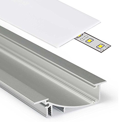 2m Aluprofil FLAT (FL) 2 Meter Aluminium Profil-Leiste eloxiert für LED Streifen - Set inkl Abdeckung-Schiene milchig-weiß opal mit Montage-Klammern und Endkappen (2 Meter milchig slide)