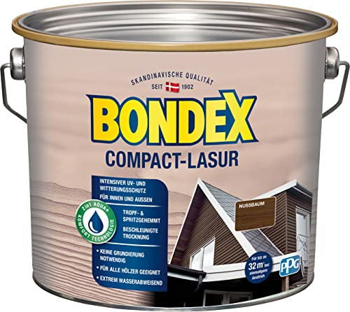 Bondex Compact Lasur NUSSBAUM 2,5 L für 32,5 m² | Wasserbasierte Holzlasur | Intensiver Wetter- und UV-Schutz | 2 in1 Aqua + Komfort Technologie | Streichen ohne Grundierung | Seidenmatt | Geruchsarm
