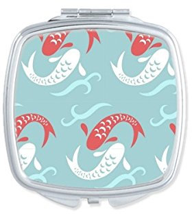 DIYthinker Japón Cultura Lindo Ondas Azules del Estilo Japonés De La Carpa Repetir Espejo De Bolsillo Totem Ilustración Modelo Cuadrado De Maquillaje Compacto Portátil Espejos Mano Linda Pequeña