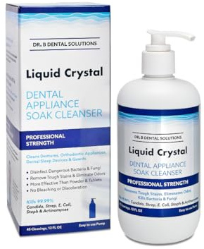 Dr. B Dental Solutions Liquid Crystal Soak Cleanser - Deep Cleaning Formula for Dentures, Retainers, Teeth Aligners, Night Guards & Oral Appliances - Removes Stains, Odors, & Germs - 12 oz