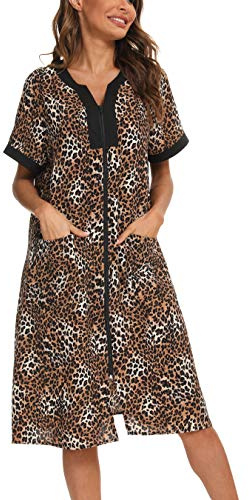YOZLY House Dresses for Women Zipper Front Housecoat Lightweight Duster Robe with Pockets, Leopard, X-Large