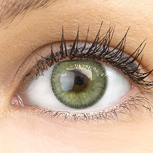 GLAMLENS Lenti a contatto colorate verde - mensili - con porta lenti a contatto - verdi naturali in silicone idrogel - 2 pezzi - DIA 14,00 mm - senza correzione 0.00 diottrie