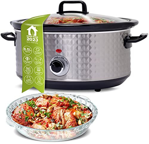 TurboTronic Slow Cooker 6,5L, silber Edelstahl, Schongarer mit Warmhaltefunktion, Dampfgarer, Schmortopf, Gartopf, Sous Vide Garer, retro Rautenmuster