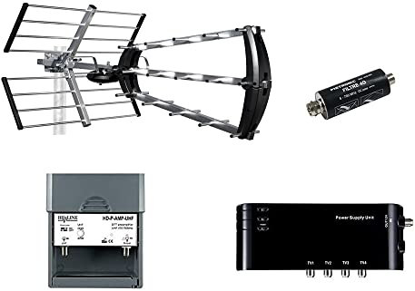 HDME Kit Préamplificateur 4/1 TV Amplificateur + Alimentation 4 Sorties TV pour Antenne terrestre TNT Noir + Antenne d'Extérieure Trinappe 26dB UHF 415044 - Fiche F + Filtre 4G intégré