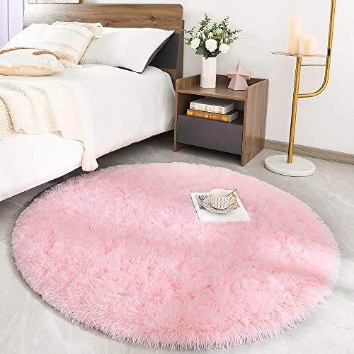 ROHATIM Alfombras Salón Redonda Pelo Largo Alfombra Habitación Dormitorio Lavables Alfombra Antideslizante Muy Suave para salón o Dormitorio, Alfombra esponjosa de Cama(Rosa,Ø 100 cm Ronda)