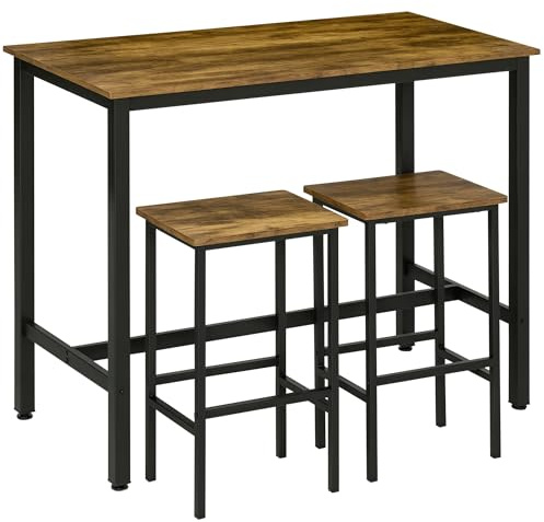 HOMCOM 120x60cm Bar Table Set, Breakfast Table with 2 Stools, 3-Piece Counter Height Dining Table & Chairs for Kitchen, Living Room, Rustic Brown