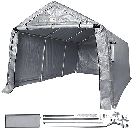 VEVOR Zeltgarage 304,8 x 457,2 x 243,8 cm Garagenzelt aus verzinkten Stahlstangen und Einer dreischichtigen 240G-PE-Abdeckung Lagerzelt Carport 250 x 218 x 190 cm Zelttürgröße Gerätezelt Grau