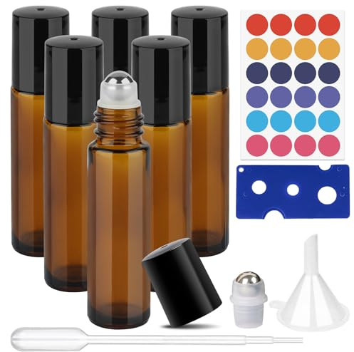 ComSaf Essential Oil Roller Bottles 6Pcs, 10mL Glass Roll on Bottle Set with Stainless Steel Balls, Amber Glass Bottles with Labels, Dropper, Funnel, for Essential Oils, Perfume, Aromatherapy, Travel