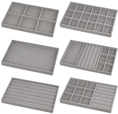 6 Pezzi Vassoio di Velluto per Gioielli, Impilabile Vassoi per Gioielli con Inserto a Cassetto, Vassoio Organizzatore di Gioielli, Vassoi per Gioielli per Anelli Orecchini Bracciale Collana