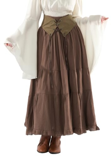 Fiamll Gonna medievale da donna, linea ad A, elasticizzata, maxi gonna lunga da donna, con coulisse, marrone, XL