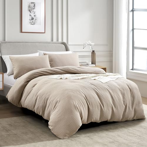 KASYLAN Breathable Duvet Cover Set with Zipper Closure - Waffle Dobby Weave Texture Duvet Sets, Modern Boho Duvet Cover & Pillow case, All Season Microfiber Bedding Quilt Cover Set (King, Taupe)