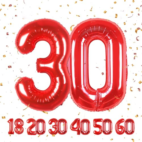 Globos de 30 cumpleaños,Rojo 30 pulgadas Globo número, 30 decoraciones de Globo número cumpleaños para hombre y mujer, Globo inflable de lámina de Rojo 30