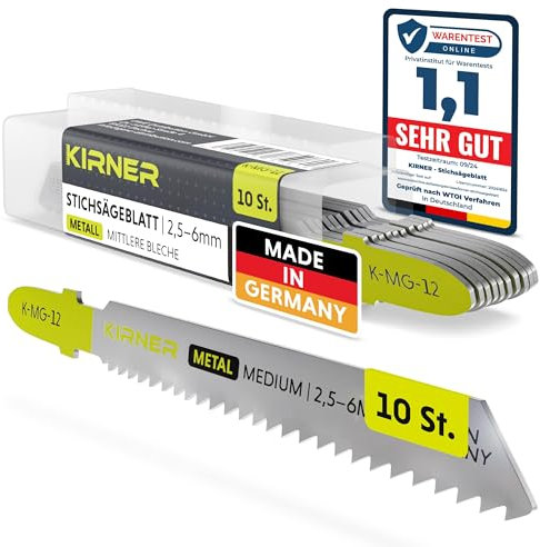 KIRNER Stichsägeblätter Metall 10 Stk. [ Profi Qualität ] präziser & sauberer Schnitt für mittelstarke Bleche (2,5-6mm) - für jede Stichsäge mit T Schaft Aufnahme - Metallsägeblatt Stichsäge