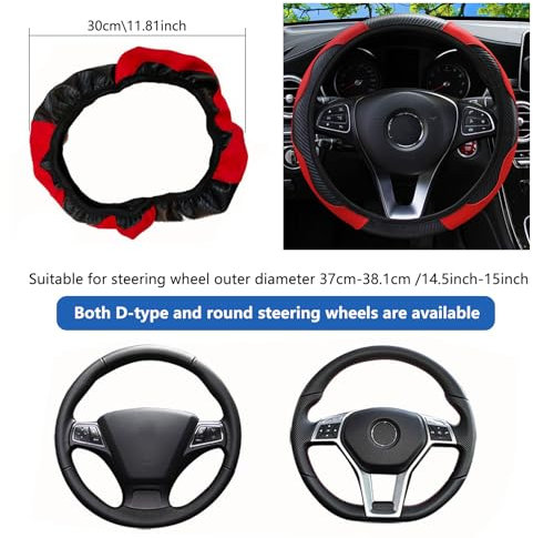 KOOLEVER Universal Car Steering Wheel Cover 37-38cm/14.5-15inch, Black-Red Carbon Fiber Sports Leather, Anti-Slip Breathable Elastic Design Without Inner Ring, Car Interior Protector