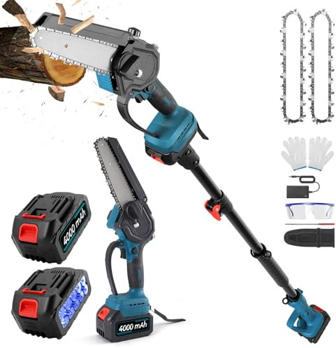 MINENICE 2 in 1 Mini Tronçonneuse et 6 Pouces Elagueuse sur Perche sans Fil, 4.9-6.8FT Tronçonneuse Télescopique avec 2 Batteries 4000 mAh, Brushless Perche Élagueuse pour l'élagage des Arbres
