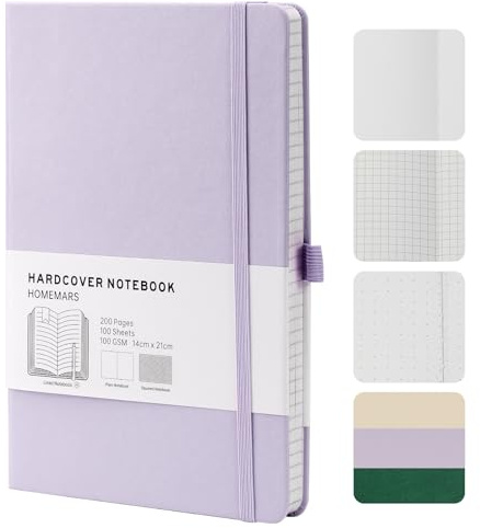 HOMEMARS Cahier A5, Carnet de notes DIN A5,Blanche,Sketchbook，cahier page blanche, 200 pages, 100 g/m², Violet,bloc note,carnet de voyage, carnet de notes, avec Porte-stylo, Marque-pages
