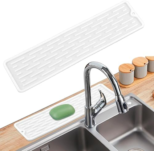 Kitchen Sink Splash Guard White - 35x8.8cm Slim Silicone Drain Mat Anti Slip Dishwasher Safe - Drip Catcher Sink Protector Mat for Faucet Kitchen Countertops Bathroom & RV (White)