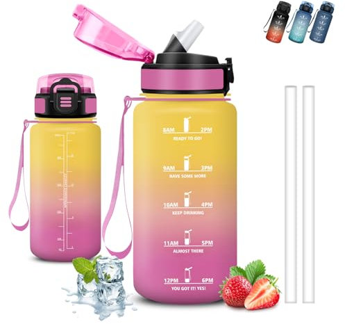 Gourde, 500ml Gourde Enfant, Gourdes avec Paille, Anti Fuite, Gourd Graduée pour 1 Journee, Facile à Nettoyer, Gourd Motivation, avec Marqueur de Temps, Bouteille d'eau pour École, Camping, Bureau