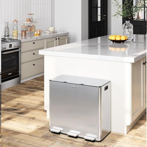 LALFPET 60L/15.9 Gal Gallon Three-Compartment Pedal Stainless Steel Kitchen Recycling Trash Can with Odor Seal, Hands-Free Foot Operated Waste Bin for Home, Office, Restaurant, School, Hospital