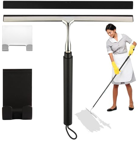 Shower Squeegee with Long Handle – Includes Replacement Silicone Blade, Extendable 13 to 48, 14 Wide for Glass, Mirrors, Windows, Bathroom Tiles & Walls, Telescopic Wiper with Hooks (Black)