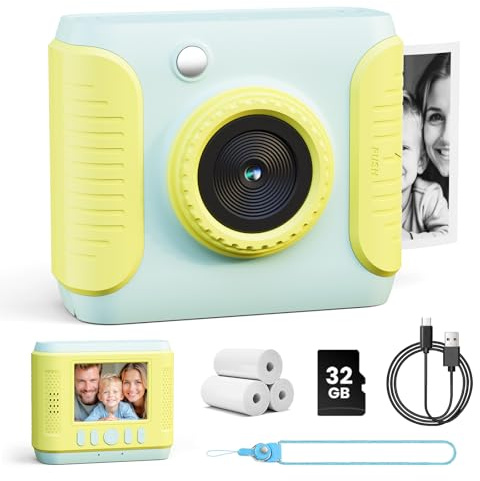 CalineGam Macchina Fotografica Bambini Istantanea, HD 1080P Fotocamera Istantanea per Bambini con Scheda 32G e Carta Fotografica, Regalo per Ragazze Ragazzi da 3-12 Anni (Verde)