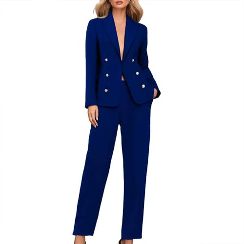 Women's 2 Piece Suits, Blazer Jackets with Chino Trouser, Double Breasted Blazer Open Front & Trousers Set, Elegant for Wedding,Business,Formal,Work Wear (A-1-BU1, L) Blue