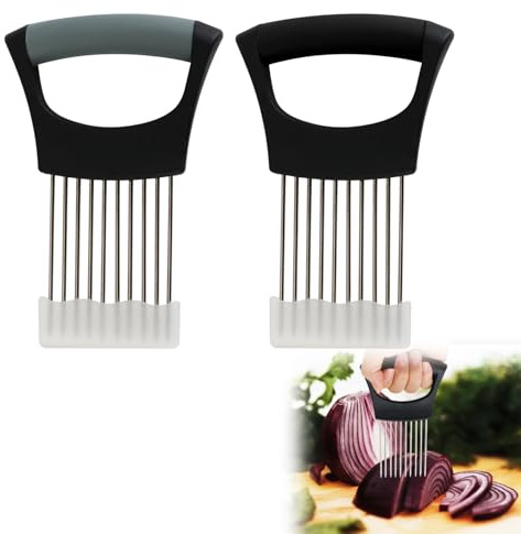 2 piezas soporte para cebollas de acero inoxidable, 14 x 9 cm, puerta rebanada cebolla con agujas y tapón, cortador de verduras inox, herramienta de corte para cebolla, tomates, limones, carne, frutas