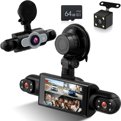 NHOPEEW Cámara de Tablero 3 Pulgadas 360° 1080P 4 Canales para Coche, con detección de Movimiento, visión Nocturna, grabación en Bucle y compensación de exposición