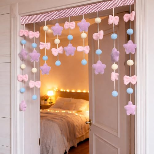 Gtsrlp Kawaii Plush Door Curtain, 33 W x 28 L Self-Adhesive Arc Design, Detachable Hook and Loop for Easy Wash, Pastel Stars Bows for Girls Room, Bedroom, Nursery, Window Decor, Purple