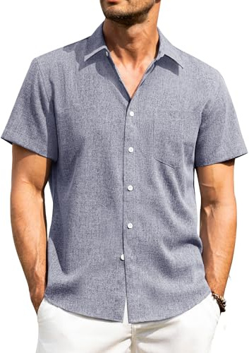 Alimens & Gentle Mens Linen Shirts Short Sleeve Regular Fit Casual Summer Holiday Button Down Shirt with Pocket S-4XL