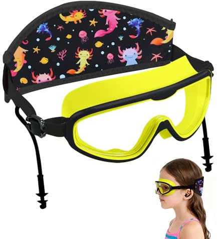 EHZYP Axolotl Toddler Swim Goggle，Fabric Strap Pain-Free, Anti-Fog，Anti-leakage earplugs for Boys and Girls (Black, One Size)