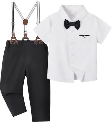 Volunboy Baby Boy Gentleman Suit, Formal Short Sleeve Shirt with Suspender Pants & Bow Tie, Wedding Ring Bearer Outfit(Tag Size 100, Black, 2-3 Years)