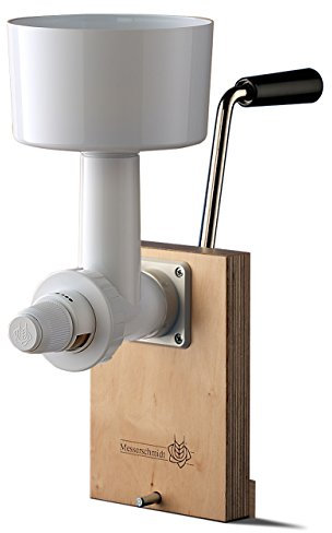 Getreide-Muehle mit Hand-Antrieb von Messerschmidt, weiß. Stahl-Kegel-Mahlwerk. Einfache Befestigung, stufenlos verstellbar, schnelle Reinigung