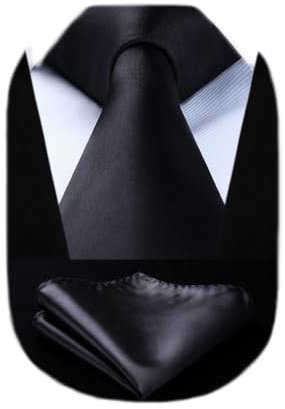 HISDERN Krawatte Extra lange Einfarbig Schwarz Herren Krawatte Taschentuch Business Party Einfarbig Krawatten Elegant Hochzeit Krawatte & Einstecktuch Set