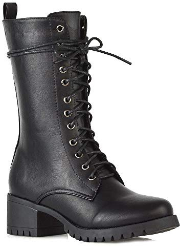 ESSEX GLAM Womens Lace Up Mid Calf Chunky Block Low Heel Boots Ladies Grip Sole Platform Combat Shoes Size 3-8 Black Synthetic Leather