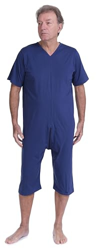 FERRUCCI COMFORT Combinaison sanitaire zippée en coton pour personnes âgées Santé à manches courtes et pantalon court - 9078 MC PC - Fabriqué en Italie, bleu foncé, M
