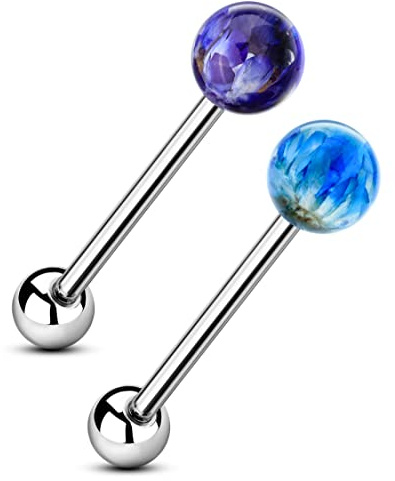 COCHARM 2pcs G23 Solid Titanium Tongue Rings for Women Purple Blue Flower Tongue Piercing Jewelry 14G