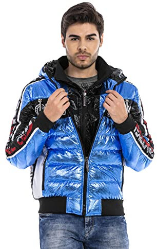 Cipo & Baxx Herren Winterjacke Steppjacke Glänzend Kapuze Jacke CJ270 Blau L