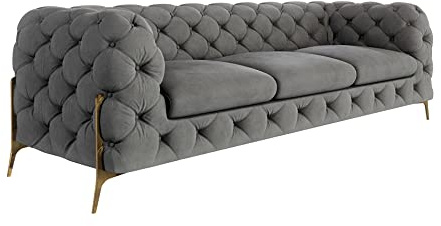 S-Style Möbel Milton Sofa 3-Sitzer Chesterfield-Sofa für Wohnzimmer Lounge Couch mit verchromten Füßen Möbel Freistehende Polster Sofas & Couches Couchgarnitur Grau 243 x 73 x 100 cm