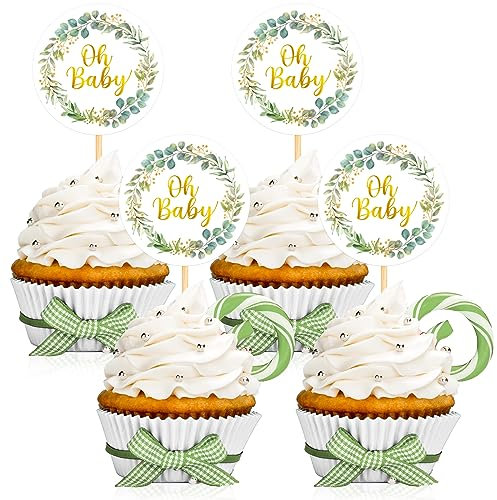 Faccito 25 Stück Oh Baby Cupcake Topper Boho Kuchen Deko Babyparty Tortendeko Kuchen Topper für Mädchen Jungen Geschlecht Verkünden Party Geburtstag Zubehör (Eukalyptus)
