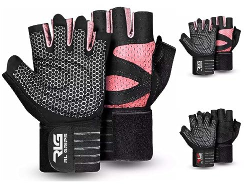 RL Grips® Gymhandskar för Tyngdlyftning, Crossfit, Muskelträning med Handledsstöd och Halkfritt Silikongrepp - Fitnesshandskar för Män och Kvinnor med Handledsstöd (ROSA, X-liten)