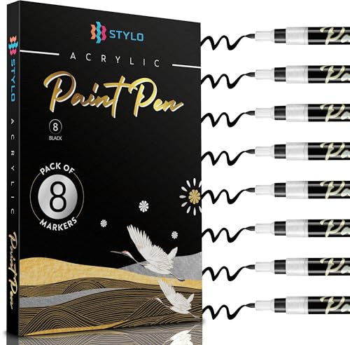 Stylo Black Acrylic Paint Pens, 8 Black Pens for Rock Art, Fine Tip