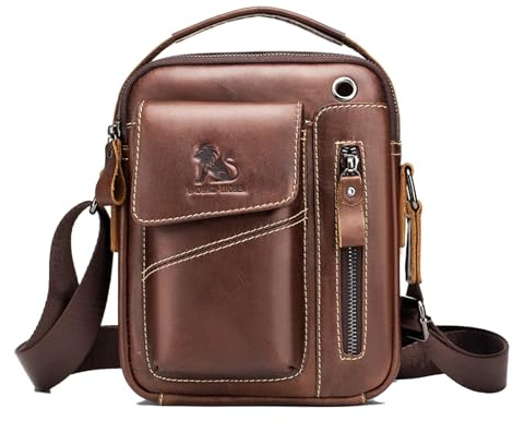 pundarika Bolso de hombro de piel auténtica para hombre, bolsas de hombre pequeñas para hombre bolso cruzado, bolsa de mensajero correa de hombro ajustable.Marrón