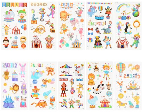 20 Fogli 10 Stili Tatuaggi Circo, Tatuaggi Carnevale Pagliaccio Elefante Palloncino Sigillo Orso Cavallo Tatuaggi di Cartoni Animati Adesivi di Carnevale per la Festa