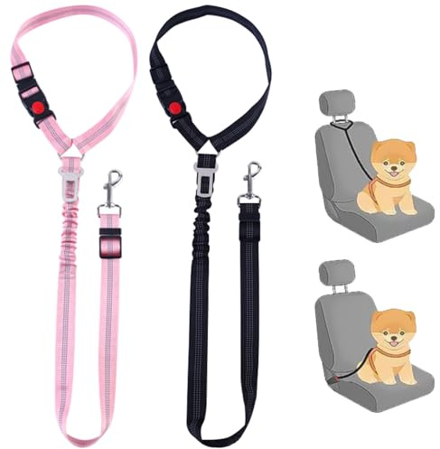 TYXHXTF 2 Pezzi Cintura di Sicurezza per Cani per Auto, Elastica e Regolabile Cintura per Sicurezza Cani, con Ammortizzazione Elastico e Striscia Riflettente (Nero, Rosa)