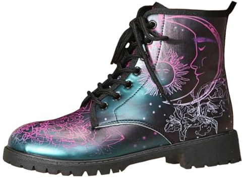 Ulalaza Botas de mujer con punta redonda y tacones de bloque, botines de plataforma gótica con cordones, botas Punk, botas cortas de cuero con estampado Multicolor
