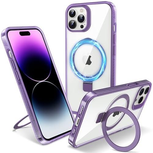 Flyzoo Magnetic Kickstand Case for iPhone 14 Pro Max, [Compatible with MagSafe & Invisible Ring Stand Holder] [Non-Yellowing & Shockproof] Transparent Hard Silicone Edge Cover, 6.7'', Clear Purple